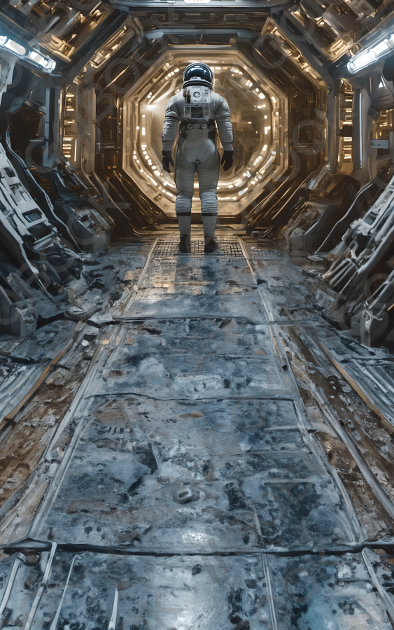 Solitary Astronaut in a Corridor